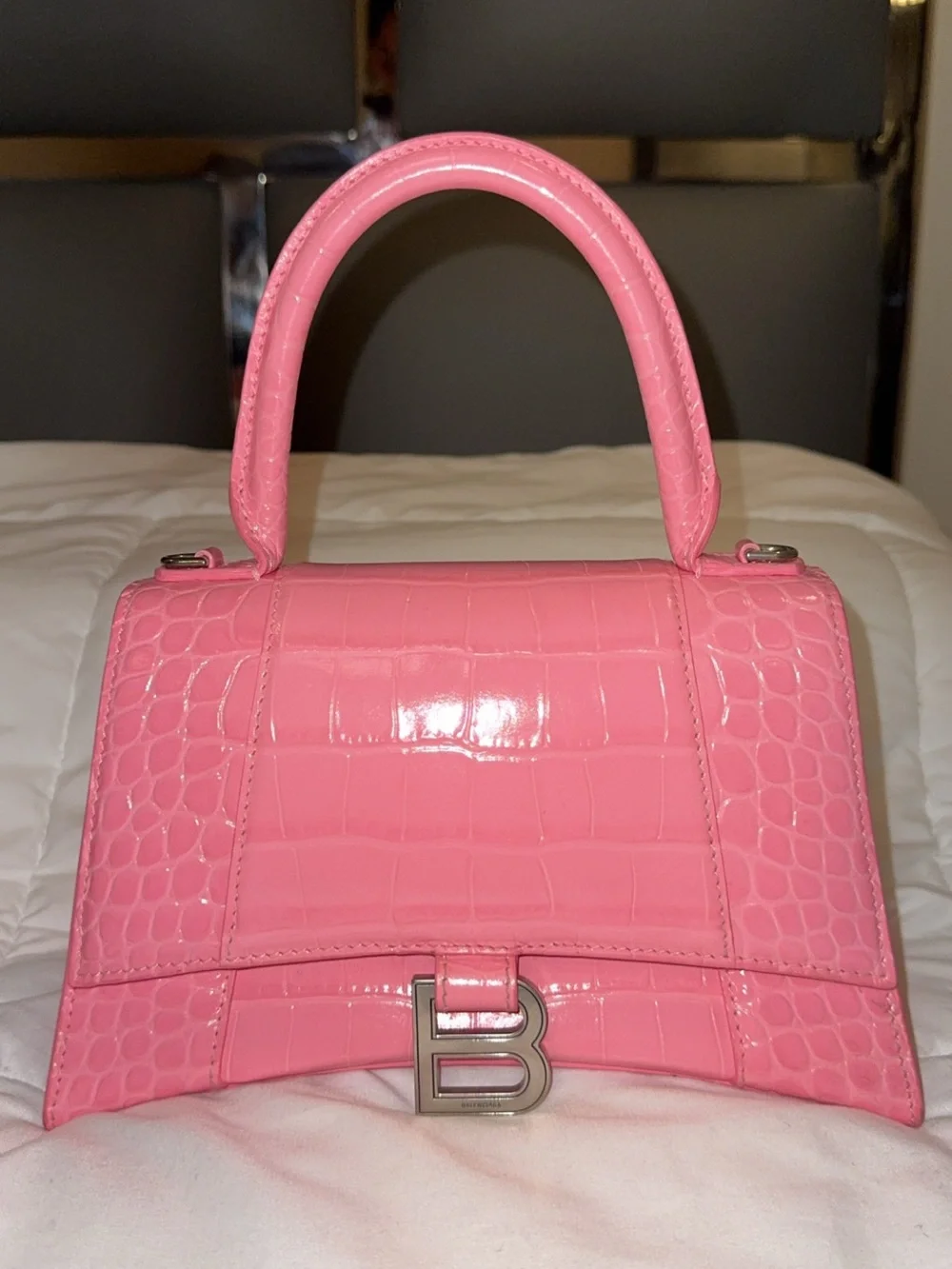 Balenciaga Pink Croc-Embossed Top Handle Satchel
